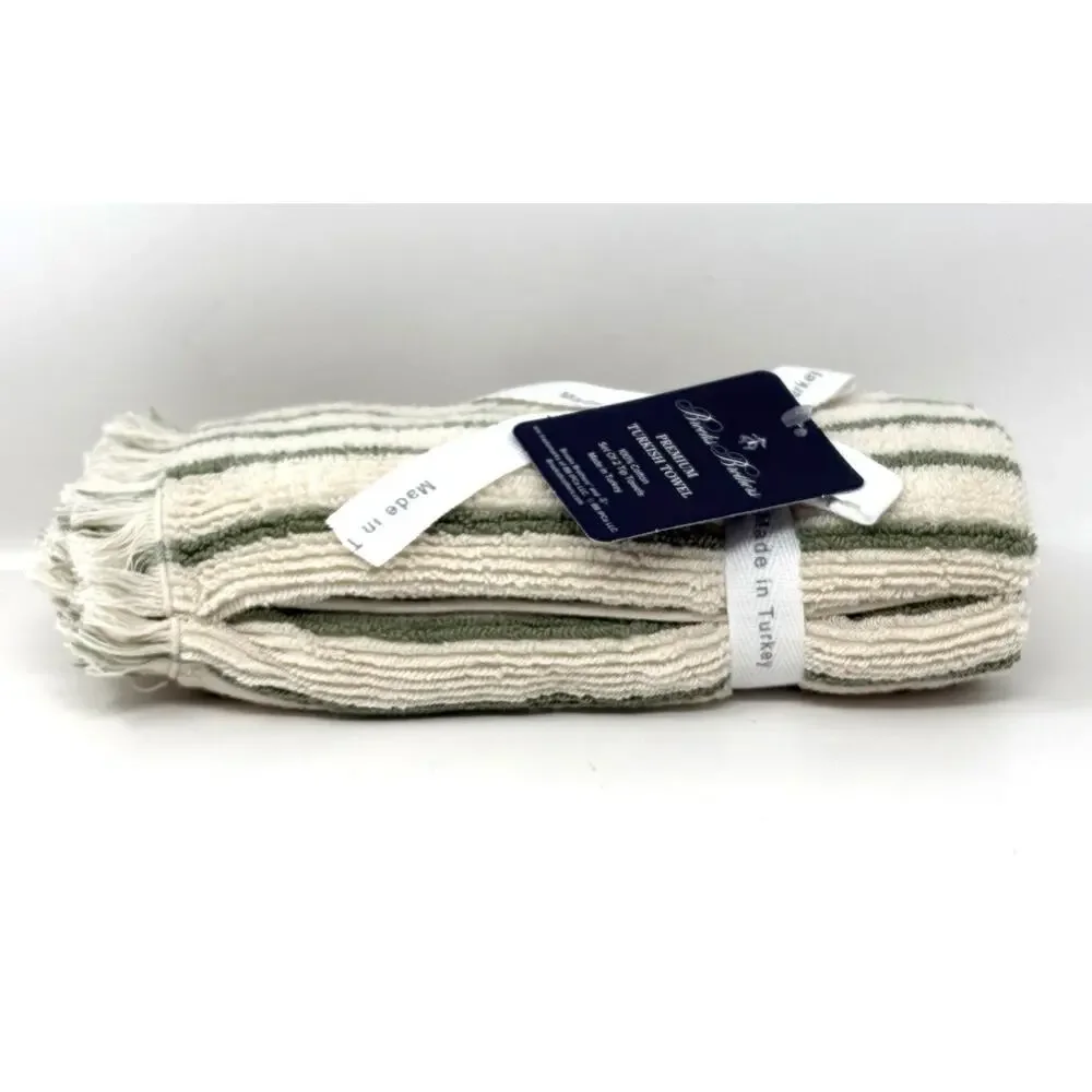Brooks Brothers Turkish Cotton Green Stripe Fingertip Towels Fringe Tip